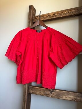 ❤️ J.Crew Jolie Red Eyelet Cotton Poplin Top – Feminine Puff Sleeve Blouse